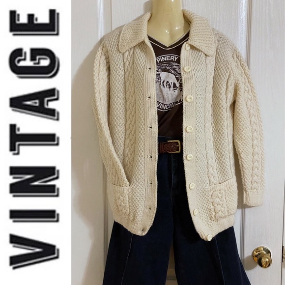 Hand knit Fishermen cable knit cream button-down cardigan chunky sweater - Picture 4 of 16